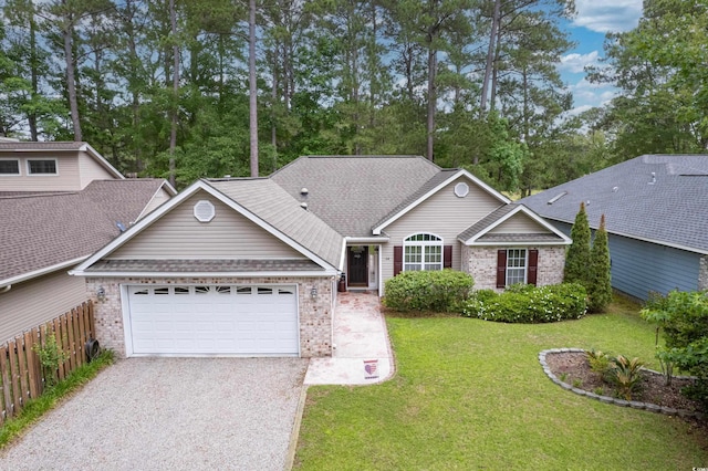 24 Gate 7, Carolina Shores, NC 28467 - ranch-style house with gravel driveway, brick siding, an attached garage, and a shingled roof