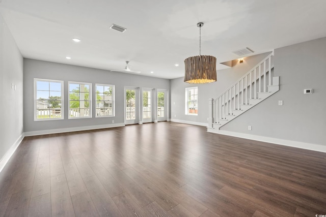 135B Sunset Dr, Murrells Inlet, SC 29576 - unfurnished living room featuring stairs, dark wood-type flooring, baseboards, a chandelier, and recessed lighting