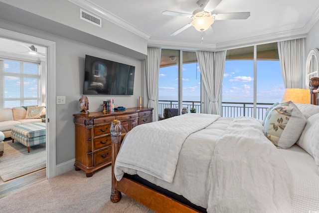 603 S Ocean Blvd Unit 1504, North Myrtle Beach, SC 29582 - bedroom with ornamental molding, access to outside, multiple windows, light carpet, and ceiling fan