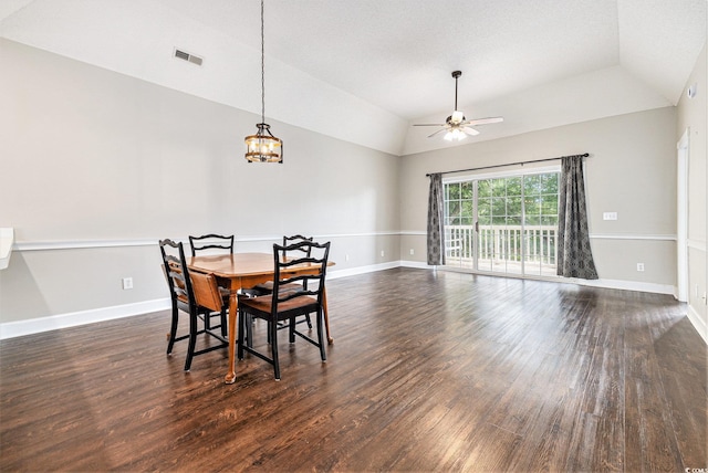 4721 Hibiscus Dr Unit 3-302, Little River, SC 29566 - dining room featuring lofted ceiling, a ceiling fan, dark wood-style floors, and a chandelier