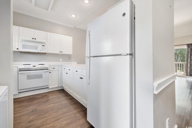 4721 Hibiscus Dr Unit 3-302, Little River, SC 29566 - kitchen featuring white appliances, dark wood-style flooring, white cabinets, recessed lighting, and light countertops