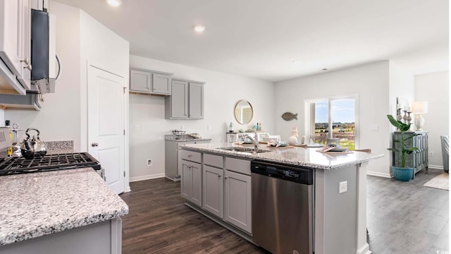 3554 Ashridge Way, Conway, SC 29526 - kitchen featuring appliances with stainless steel finishes, gray cabinetry, dark wood-style flooring, recessed lighting, and an island with sink