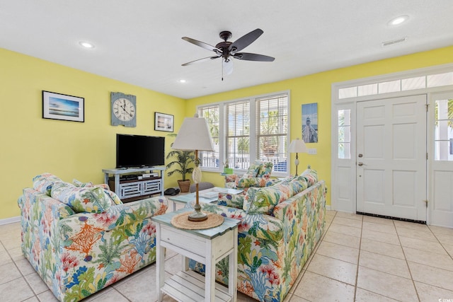 22 Ocean Blvd N, Surfside Beach, SC 29575 - tiled living room with ceiling fan and recessed lighting
