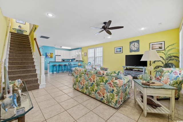 22 Ocean Blvd N, Surfside Beach, SC 29575 - living area with ceiling fan, light tile patterned floors, stairs, and recessed lighting