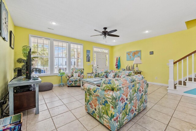 22 Ocean Blvd N, Surfside Beach, SC 29575 - living room featuring stairway, ceiling fan, light tile patterned floors, and recessed lighting