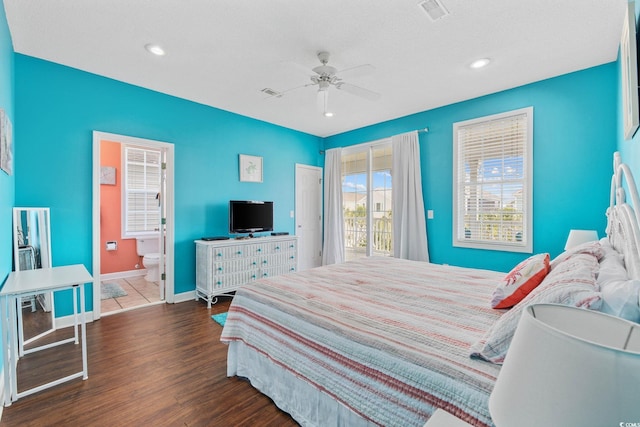 22 Ocean Blvd N, Surfside Beach, SC 29575 - bedroom with wood finished floors, access to outside, recessed lighting, a ceiling fan, and ensuite bath