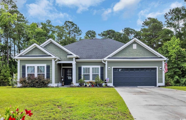 321 Sanctuary Ct, Myrtle Beach, SC 29588 - craftsman house with an attached garage, a front lawn, concrete driveway, and a shingled roof