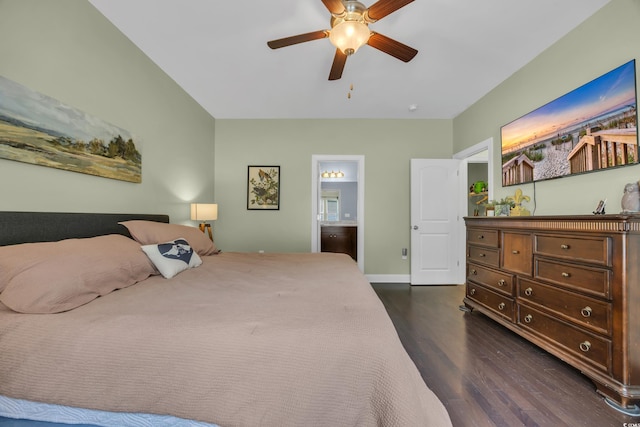 321 Sanctuary Ct, Myrtle Beach, SC 29588 - bedroom with dark wood-style floors, a ceiling fan, and ensuite bathroom