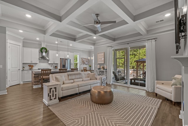 945 Waterbridge Blvd, Myrtle Beach, SC 29579 - living area featuring dark wood-style floors, healthy amount of natural light, ceiling fan, beamed ceiling, and coffered ceiling