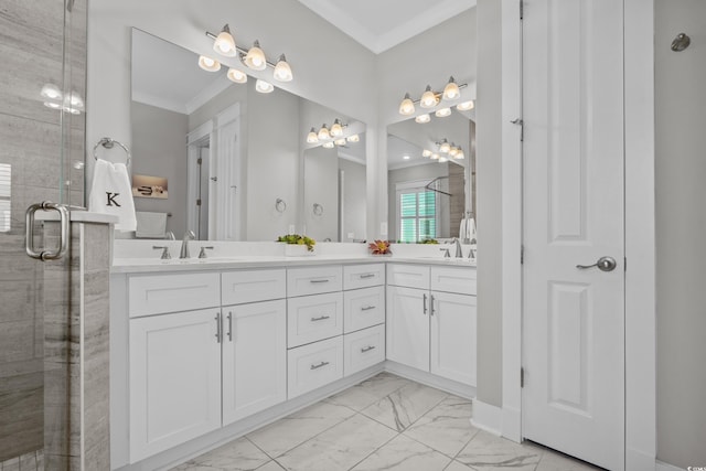 945 Waterbridge Blvd, Myrtle Beach, SC 29579 - bathroom featuring marble look tiles, double vanity, a stall shower, and ornamental molding