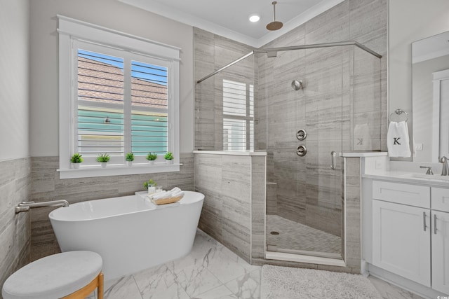 945 Waterbridge Blvd, Myrtle Beach, SC 29579 - full bath with tile walls, a soaking tub, vanity, a stall shower, and marble finish floors