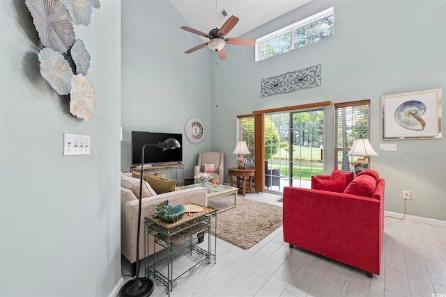 2150 Longwood Lakes Dr Unit 2150, Myrtle Beach, SC 29579 - living area with a high ceiling, a ceiling fan, wood finished floors, and a skylight