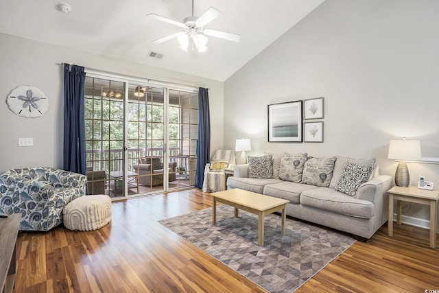 6015 Catalina Dr Unit 634, North Myrtle Beach, SC 29582 - living area featuring ceiling fan, wood finished floors, and high vaulted ceiling