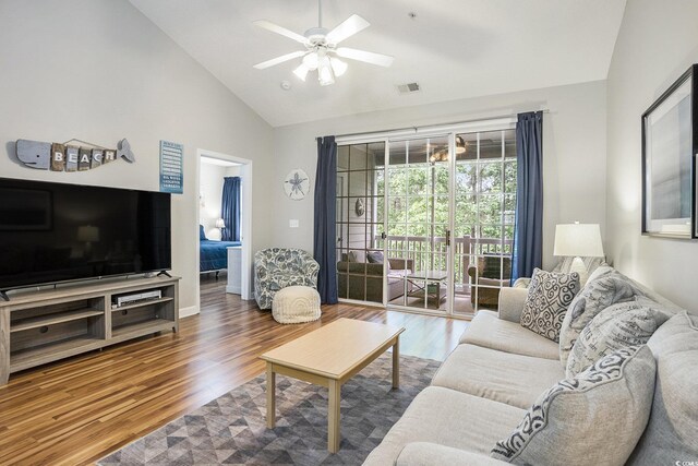 6015 Catalina Dr Unit 634, North Myrtle Beach, SC 29582 - living area with wood finished floors, ceiling fan, and high vaulted ceiling