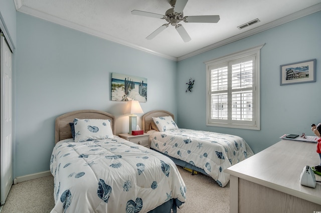 901 W Port Dr Unit 305, North Myrtle Beach, SC 29582 - bedroom featuring carpet, ornamental molding, and a ceiling fan
