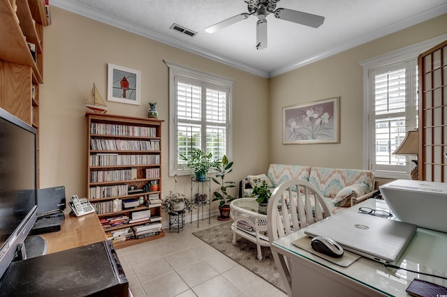 901 W Port Dr Unit 305, North Myrtle Beach, SC 29582 - office with ceiling fan, plenty of natural light, crown molding, and light tile patterned floors