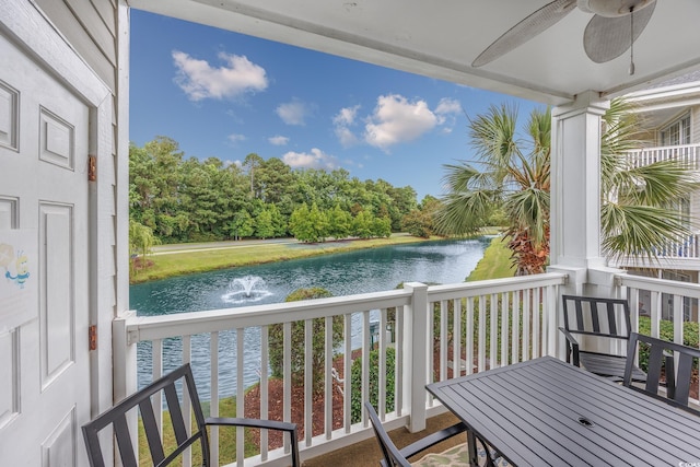 5825 Catalina Dr Unit 125, North Myrtle Beach, SC 29582 - balcony with a water view, ceiling fan, and view of wooded area