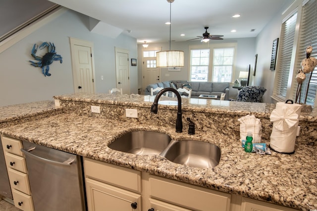 4901 N Market St, North Myrtle Beach, SC 29582 - kitchen with a ceiling fan, dishwasher, light stone countertops, recessed lighting, and open floor plan