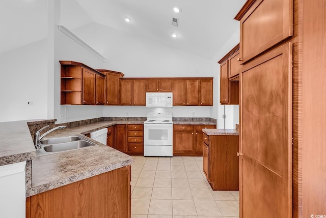 1636 Stuart Square Cir, Myrtle Beach, SC 29577 - kitchen featuring white appliances, open shelves, light tile patterned flooring, brown cabinets, and high vaulted ceiling