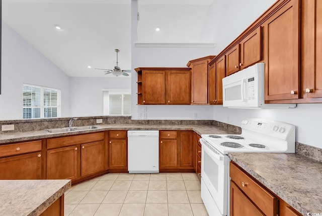 1636 Stuart Square Cir, Myrtle Beach, SC 29577 - kitchen with white appliances, brown cabinetry, ceiling fan, light tile patterned floors, and recessed lighting