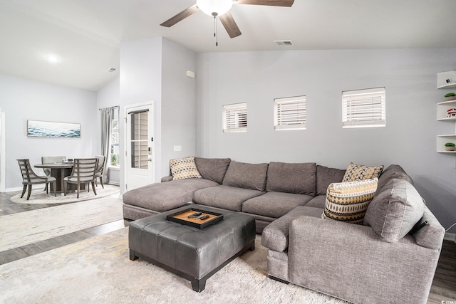 1807 Berkley Village Loop, Myrtle Beach, SC 29579 - living room featuring lofted ceiling, ceiling fan, and wood finished floors