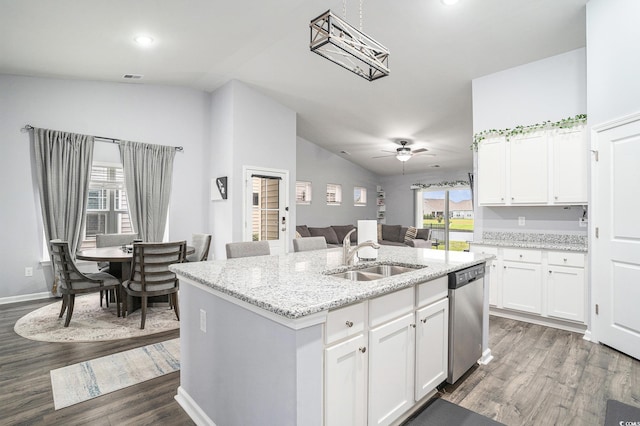 1807 Berkley Village Loop, Myrtle Beach, SC 29579 - kitchen featuring dishwasher, lofted ceiling, dark wood-style floors, white cabinets, and a ceiling fan