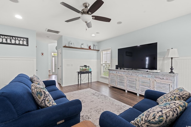 540 Chanted Dr, Murrells Inlet, SC 29576 - living area featuring wainscoting, wood finished floors, and ceiling fan