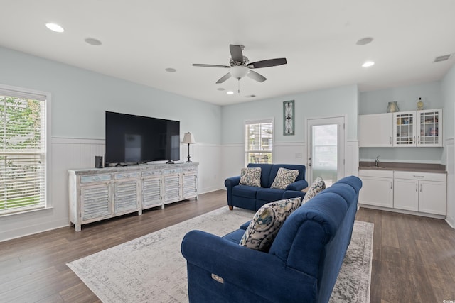 540 Chanted Dr, Murrells Inlet, SC 29576 - living room with a wainscoted wall, dark wood-style flooring, ceiling fan, and recessed lighting