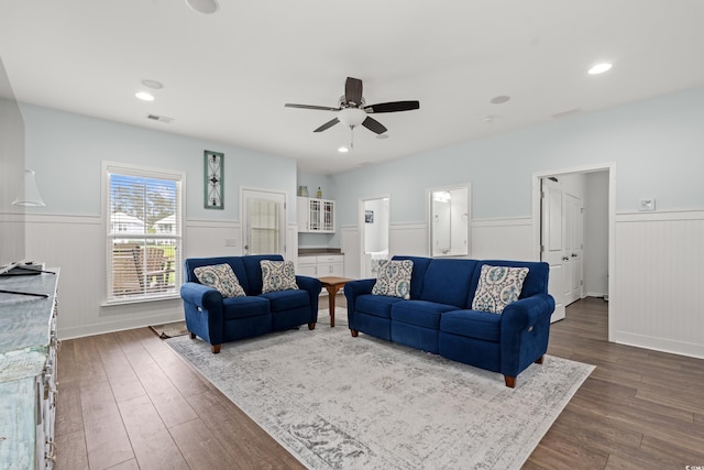 540 Chanted Dr, Murrells Inlet, SC 29576 - living area with wainscoting, a ceiling fan, and dark wood-style flooring