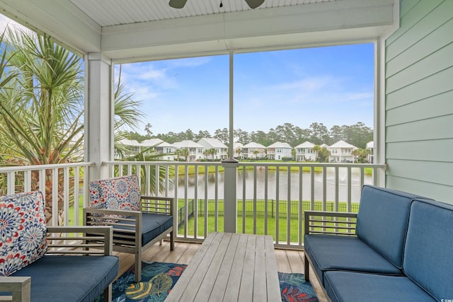 540 Chanted Dr, Murrells Inlet, SC 29576 - sunroom with a water view, ceiling fan, and a residential view