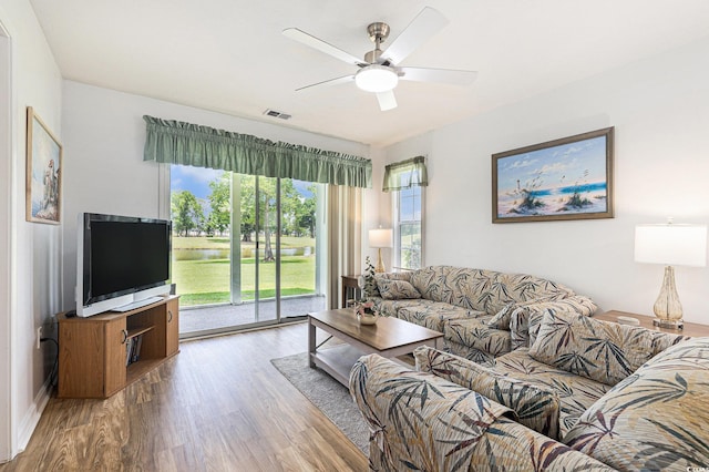 537 White River Dr Unit 17C, Myrtle Beach, SC 29579 - living room featuring a ceiling fan and wood finished floors