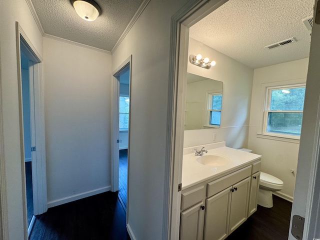 109 S Maple Ave, Andrews, SC 29510 - half bath featuring a textured ceiling, wood finished floors, vanity, and ornamental molding