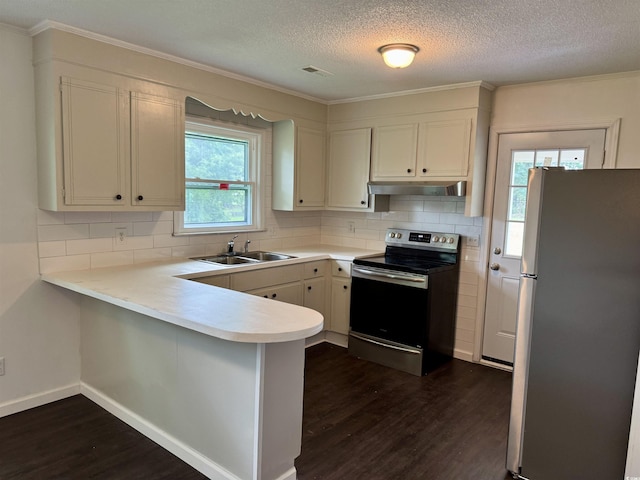 109 S Maple Ave, Andrews, SC 29510 - kitchen with stainless steel appliances, a peninsula, dark wood finished floors, under cabinet range hood, and light countertops