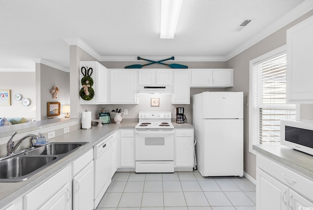 140 S Cove Pl Unit 6C, Pawleys Island, SC 29585 - kitchen featuring white appliances, custom exhaust hood, crown molding, light countertops, and white cabinetry