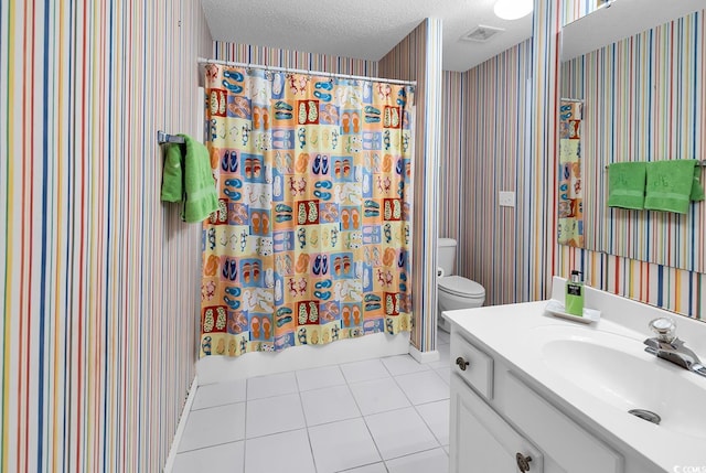 140 S Cove Pl Unit 6C, Pawleys Island, SC 29585 - full bath with vanity, tile patterned flooring, a textured ceiling, wallpapered walls, and shower / tub combo with curtain