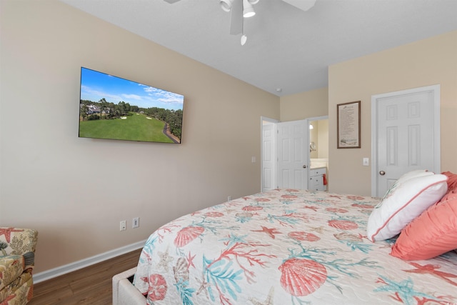 503 20th Ave N Unit 29-C, North Myrtle Beach, SC 29582 - bedroom with wood finished floors, ceiling fan, and ensuite bath