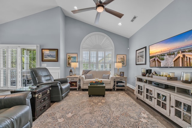 1413 Cottage Cove Cir N, Myrtle Beach, SC 29582 - living area featuring a ceiling fan, high vaulted ceiling, healthy amount of natural light, dark wood-type flooring, and recessed lighting