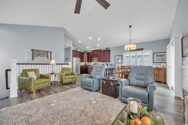 1413 Cottage Cove Cir N, Myrtle Beach, SC 29582 - living room with lofted ceiling, wood finished floors, ceiling fan, and recessed lighting
