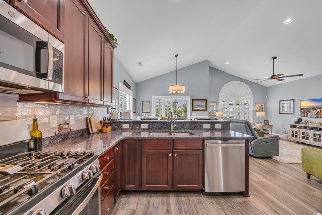 1413 Cottage Cove Cir N, Myrtle Beach, SC 29582 - kitchen with stainless steel appliances, light wood-style flooring, open floor plan, a peninsula, and high vaulted ceiling