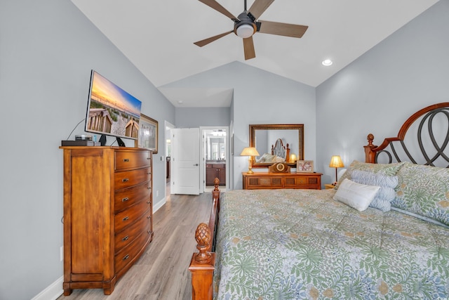 1413 Cottage Cove Cir N, Myrtle Beach, SC 29582 - bedroom featuring light wood-type flooring, vaulted ceiling, ensuite bathroom, and ceiling fan