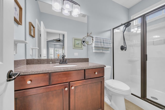 1413 Cottage Cove Cir N, Myrtle Beach, SC 29582 - bathroom featuring a shower stall, vanity, tile patterned floors, and a ceiling fan