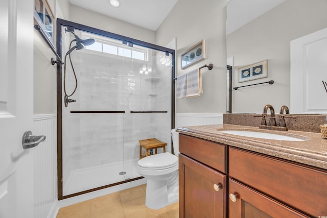 1413 Cottage Cove Cir N, Myrtle Beach, SC 29582 - bathroom featuring a shower stall, vanity, tile patterned floors, and a wainscoted wall