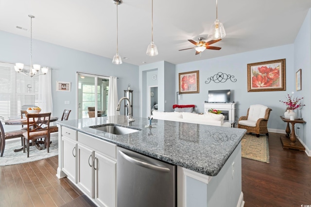 308 Firenze Loop, Myrtle Beach, SC 29579 - kitchen with dishwasher, dark wood-style floors, open floor plan, a kitchen island with sink, and a ceiling fan
