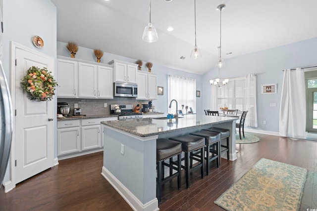 308 Firenze Loop, Myrtle Beach, SC 29579 - kitchen with stainless steel appliances, plenty of natural light, a kitchen bar, lofted ceiling, and dark wood-style floors