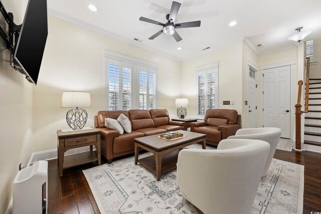 1188 Peterson St, Myrtle Beach, SC 29577 - living area with stairway, wood-type flooring, a ceiling fan, recessed lighting, and crown molding