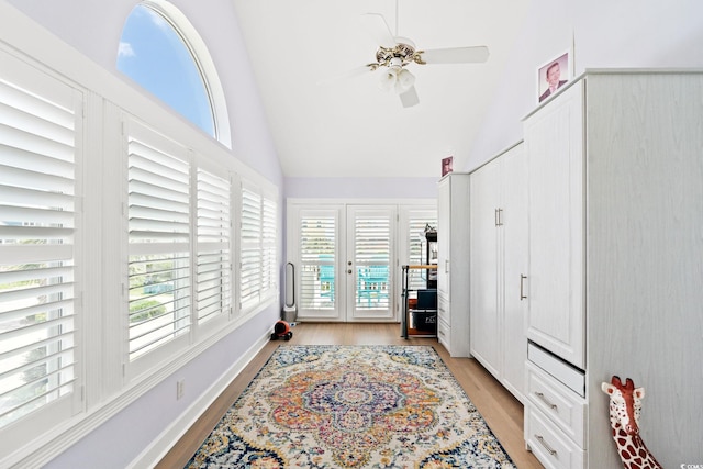 4806 S Ocean Blvd, Surfside Beach, SC 29575 - interior space with light wood finished floors, high vaulted ceiling, and a ceiling fan