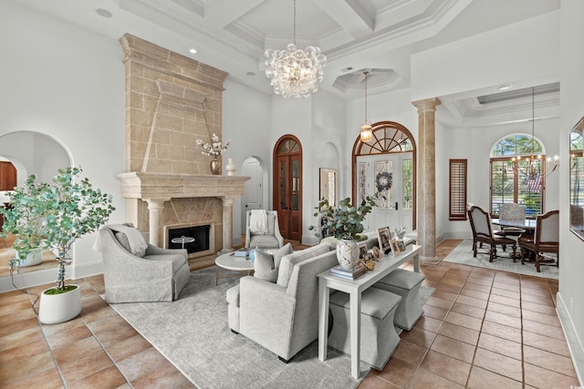 9737 Catalonia Ct, Myrtle Beach, SC 29579 - living area featuring a high ceiling, a chandelier, ornamental molding, coffered ceiling, and beamed ceiling