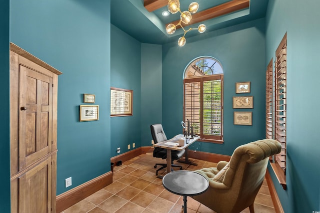 9737 Catalonia Ct, Myrtle Beach, SC 29579 - home office with a high ceiling, a chandelier, and tile patterned floors