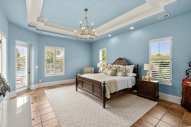 9737 Catalonia Ct, Myrtle Beach, SC 29579 - tiled bedroom with a tray ceiling, a chandelier, crown molding, access to outside, and recessed lighting
