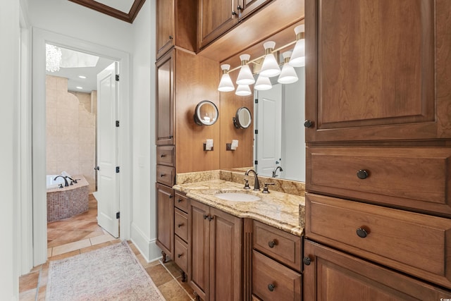 9737 Catalonia Ct, Myrtle Beach, SC 29579 - bathroom featuring a relaxing tiled tub, ornamental molding, vanity, and tile patterned flooring